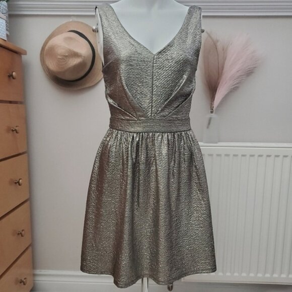 One Clothing- Warm Silver Metallic Skater Pleated Party Dress- Small - Picture 1 of 16